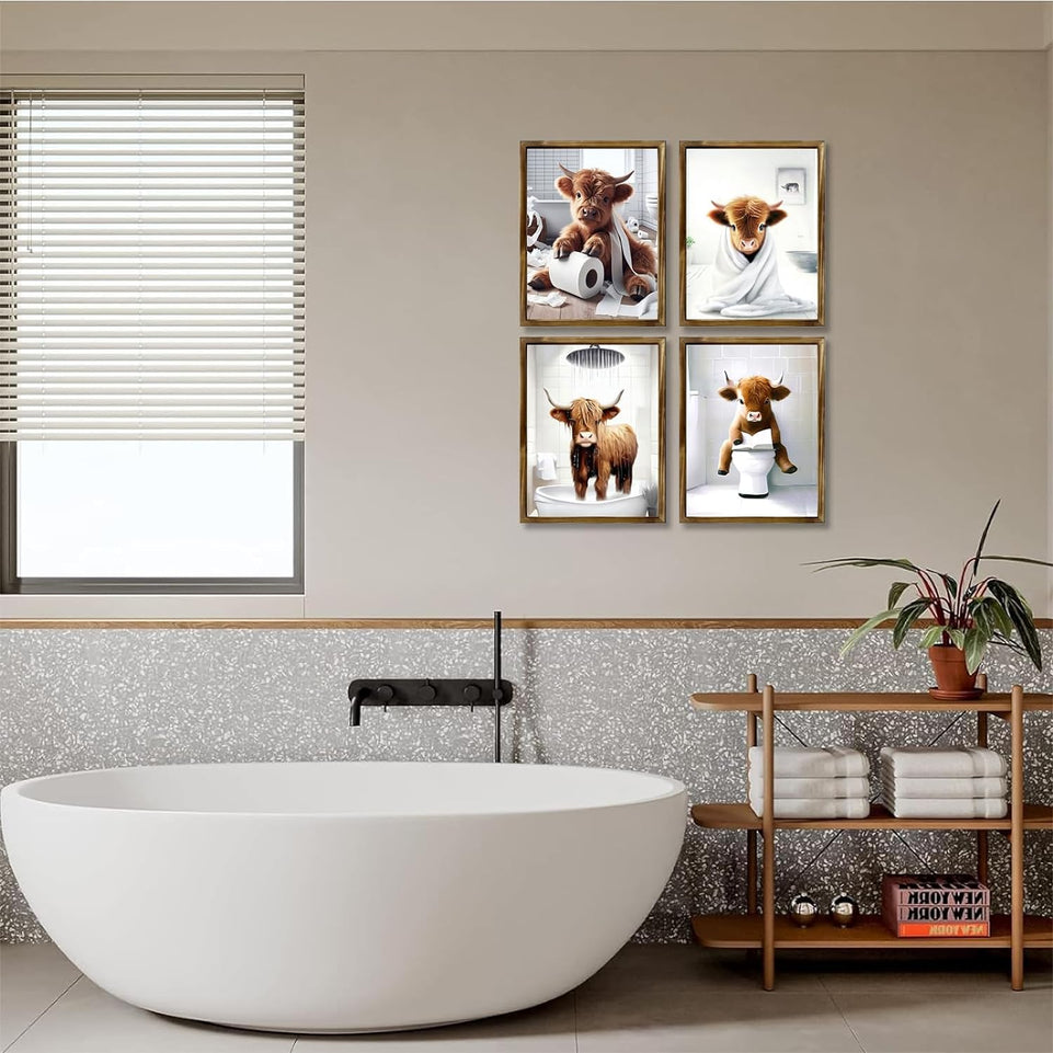TWNSLLA Highland Cow Funny Bathroom Decor Wall Art,Bathroom Highland Cow Art Prints,Rustic Farmhouse Bathroom Wall Decor,Funny Bathroom Signs Animal Canvas Wall Art,UNFRAMED,8x10inchx4pcs https://www.amazon.com/dp/B0D2CRRJBZ