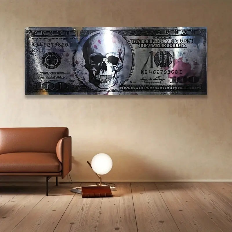 1pc Modern Art Canvas Poster, 50x120cm Unframed Skull and Money Bill Design, Creative 100 Dollar Wall Art Decor for Living Room, Indoor Horizontal Canvas Print June Wall Art