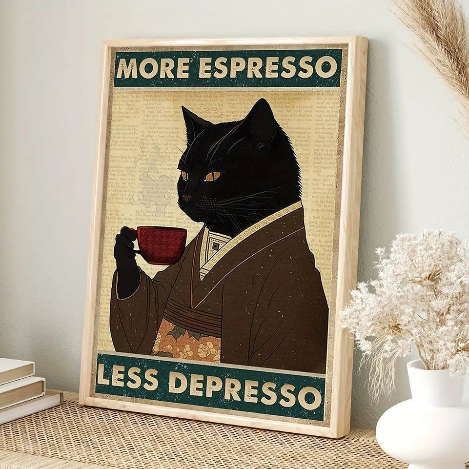 Whimsical Black Cat Coffee Poster - Ready-to-Hang Wall Art Canvas Painting with Framed - Unique Bar Club Pub Decoration Gift for Friends and Coffee Lovers - Humorous Artwork for Coffee Shops and Homes June Wall Art