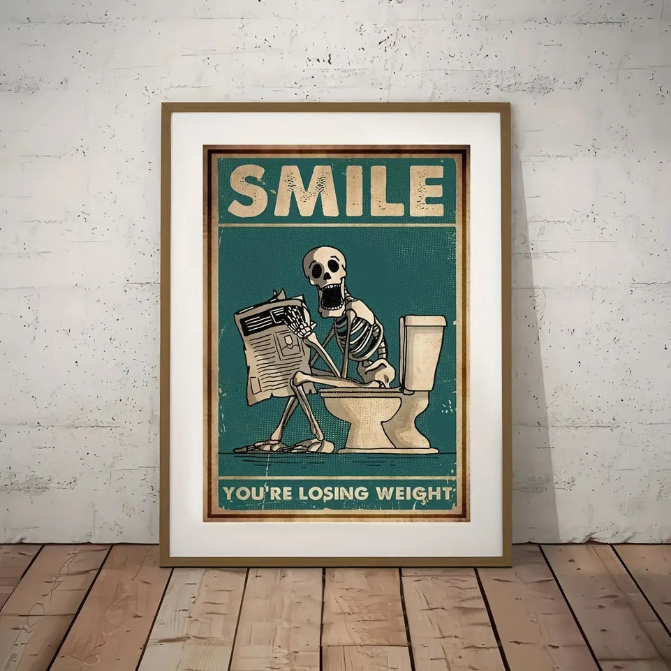 1pc Vintage Skeleton Reading Newspaper Canvas Poster - Humorous "Smile You're Losing Weight" Wall Art, Retro Teal Decor for Living Room, Unframed, Indoor Decor|Vintage Poster|Printed Wall Art, Vintage Wall Art June Wall Art