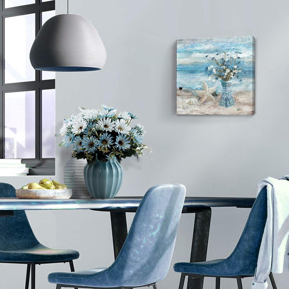 Bathroom Decor Wall Art Blue Beach Picture Ocean Theme Flower Canvas Print Modern Coastal Seascape Painting Framed Seaside Artwork Floral Daisy in Indian Vase for Home Sea Lake Bedroom 14x14inch https://www.amazon.com/dp/B08VH1FZV3