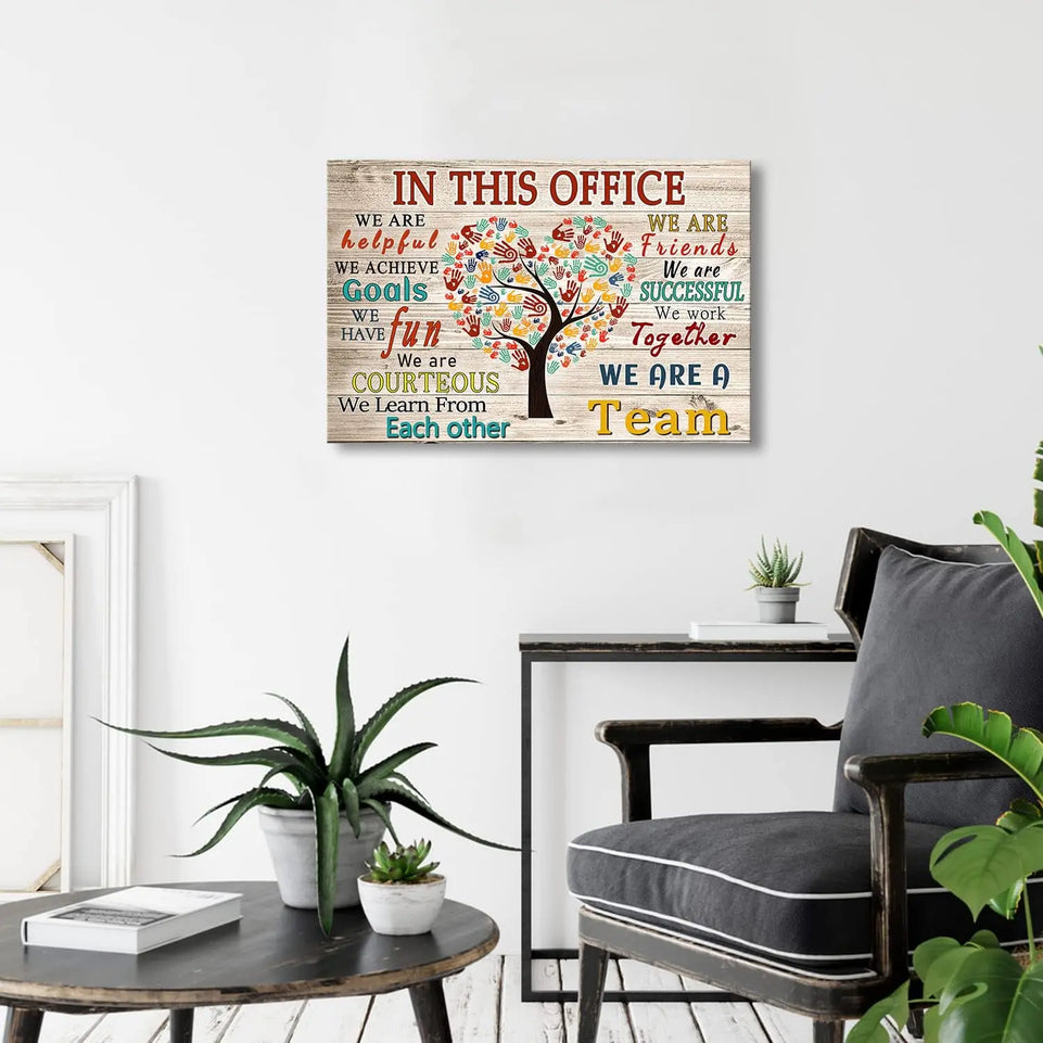 WHAOMIOT In This Office We Are A Team Inspirational Wall Art Positive Modern Decor Poster Canvas Print 24x16 Inch Frame Ready To Hang, Framed 24×16 Inch https://www.amazon.com/dp/B09TW97X8Q