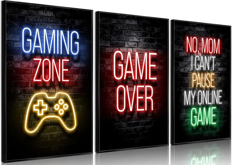 3pcs Game Room Decor Neon Gaming Posters Wall Art Gamer Accessories Theme Canvas Print Game Console Painting Picture for Children Youth Game Boys Bedroom Teen Wall Decor Unframed 12"x16"x3 https://www.amazon.com/dp/B0CPCHHKQD