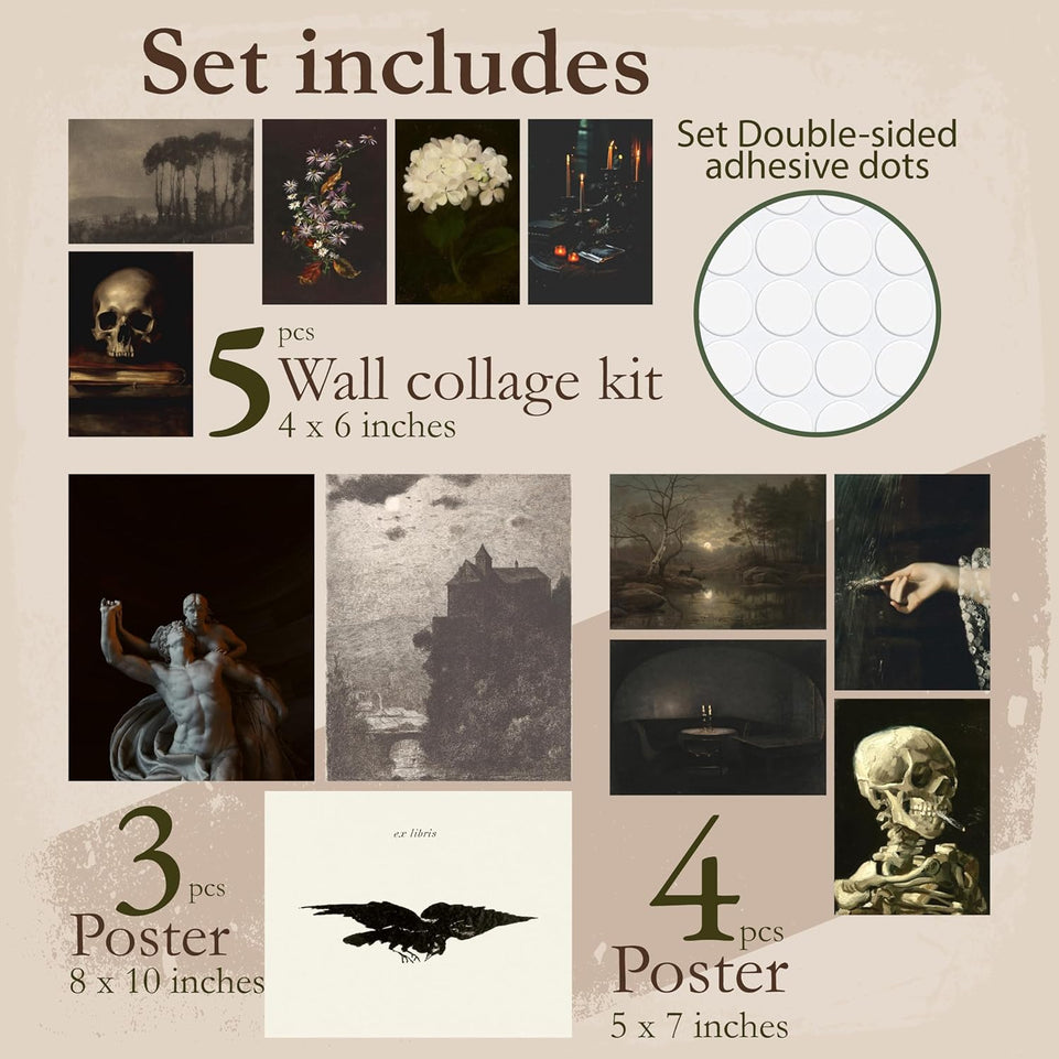 97 Decor Dark Academia Decor for Bedroom - Gothic Home Decor Aesthetic, Moody Dark Academia Wall Art, Vintage Halloween Posters for Room Aesthetic, Goth Wall Decor, Witchy Gallery Wall Art (Unframed) https://www.amazon.com/dp/B0BV1TJLMB