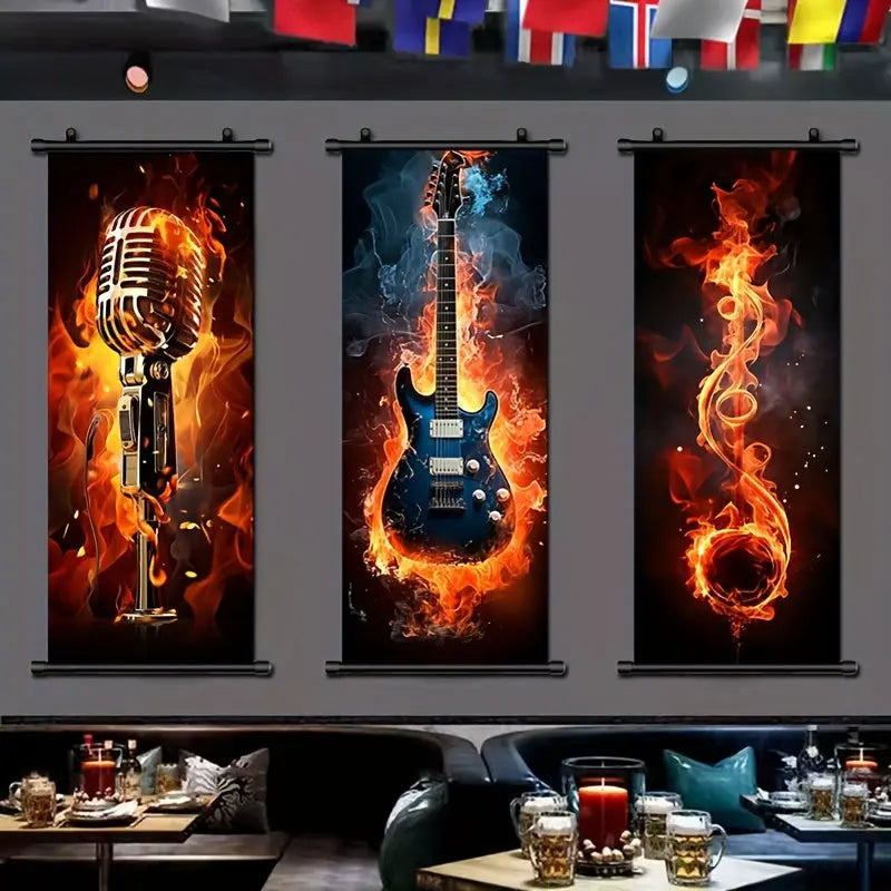 1pc Music Hanging Scrolls Painting, Flame Guitar Wall Art Poster, Artwork Wall Painting For Bathroom Bedroom Living Room Wall Decor, Home Decoration, Aesthetic Room Decor, 16inch * 39inch June Wall Art