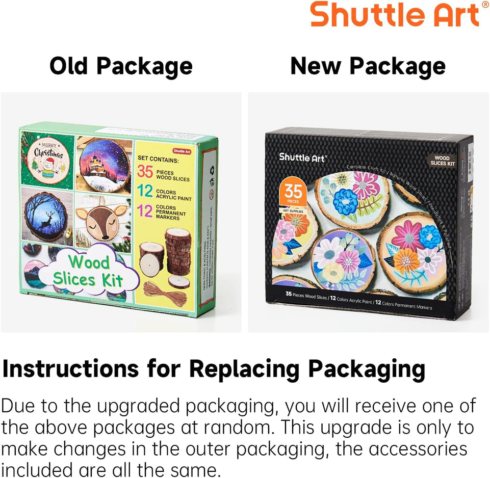 Wood Slices Kit, Shuttle Art 35 PCS Unfinished Natural Wood Slices with Pre-Drilled Hole, Acrylic Paint, Permanent Markers, Jute Twine, DIY Craft for Kids Adults Holiday Decoration Christmas Ornaments https://www.amazon.com/dp/B08FDGWSCW
