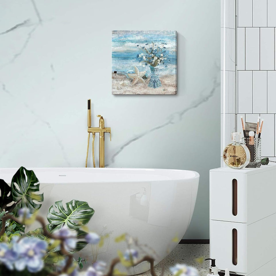 Bathroom Decor Wall Art Blue Beach Picture Ocean Theme Flower Canvas Print Modern Coastal Seascape Painting Framed Seaside Artwork Floral Daisy in Indian Vase for Home Sea Lake Bedroom 14x14inch https://www.amazon.com/dp/B08VH1FZV3