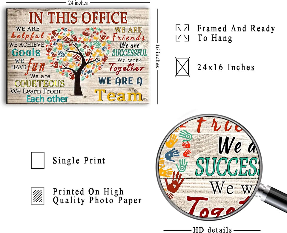 WHAOMIOT In This Office We Are A Team Inspirational Wall Art Positive Modern Decor Poster Canvas Print 24x16 Inch Frame Ready To Hang, Framed 24×16 Inch https://www.amazon.com/dp/B09TW97X8Q