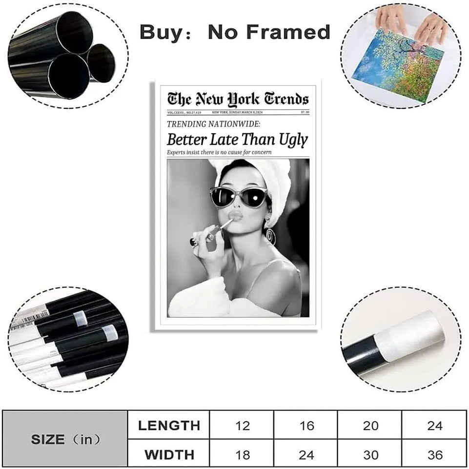 Newspaper Wall Art Canvas Prints Vintage Black and White Better Late Than Ugly Decor Poster Funky Feminist Posters Trendy College Wall Decor for Girly Dorm Room Bathroom Wall Decor 8x12inch Unframed https://www.amazon.com/dp/B0DHYCHY7C