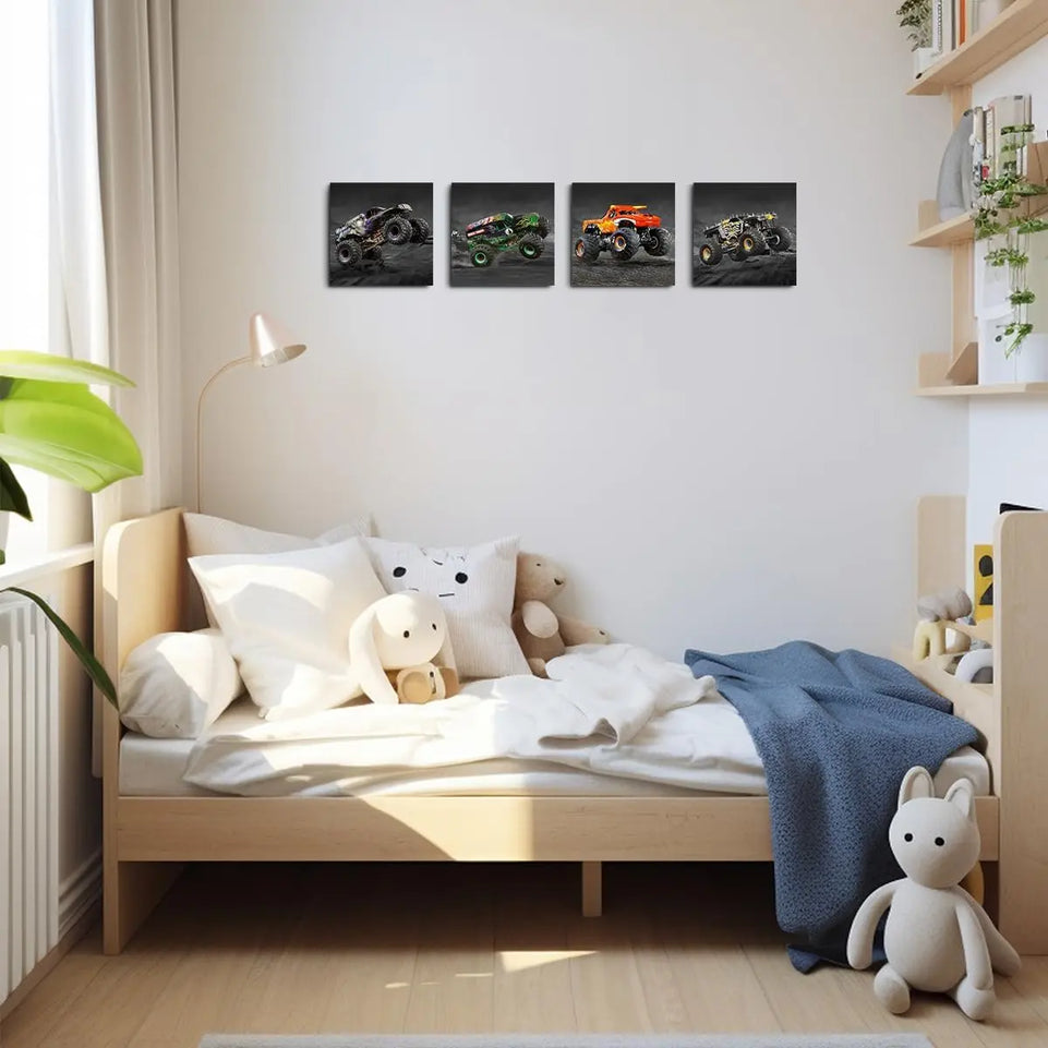 4PC Car Room Decor Truck Canvas Wall Art Framed Boys Room Decor Watercolor Cartoon Car Color Racing Vehicle Painting Garage Wall Decor Modern Canvas Prints for Playroom Farmhouse Men Living Room Home https://www.amazon.com/dp/B0C7KR9V76