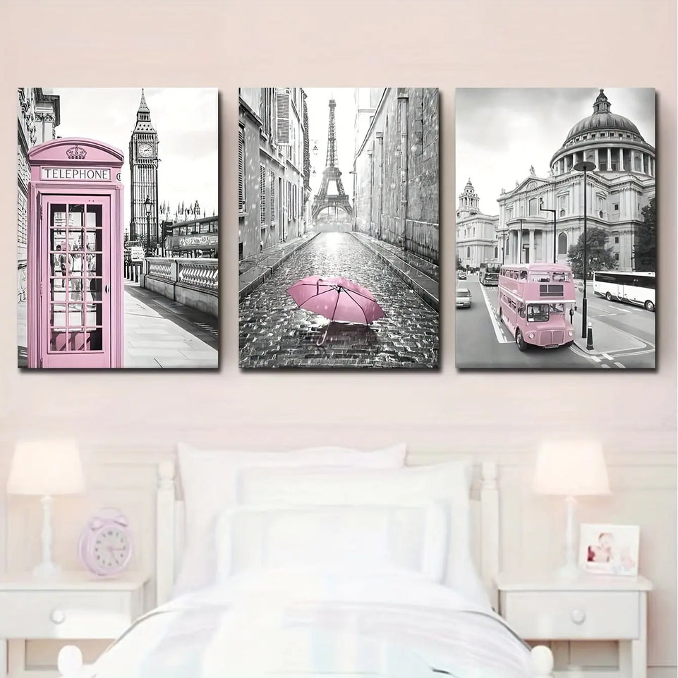 3pcs Canvas Poster, Modern Art, Eiffel Tower Girls Bedroom Decoration, Lightpink Paris Theme Room Decoration Wall Art, Ideal Gift For Bedroom Living Room Corridor, Wall Art, Wall Decor, Fall Decor, Wall Decor, Room Decoration June Wall Art