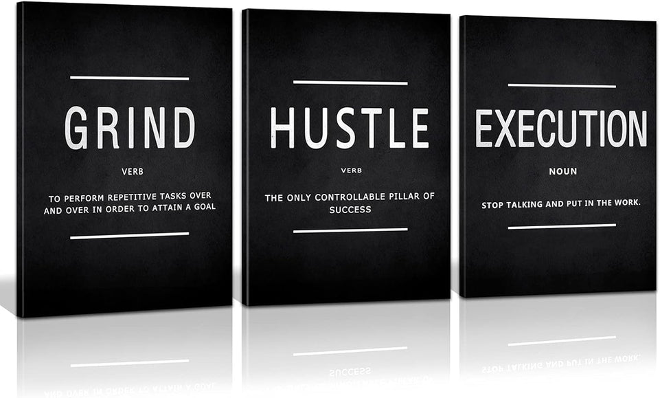 KAWAHONE Canvas Painting Wall Art, Grind Hustle Execution Motivational Wall Art Decoration Posters Prints for Living Room Bedroom, Office Decor, Gallery-Wrapped Canvas Art Set Framed Ready to Hang https://www.amazon.com/dp/B089XVKF61