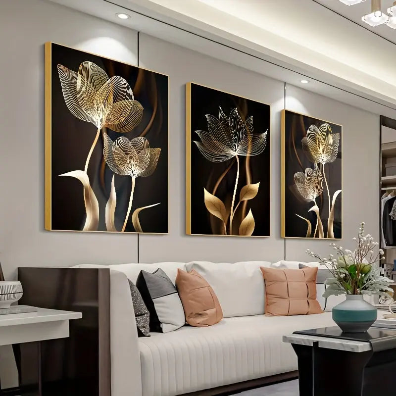 3pcs Unframed Poster, Black And Golden Flower Wall Art Canvas Painting For Living Room Decor - Modern Abstract Design, 15.7x23.6in/40x60cm June Wall Art