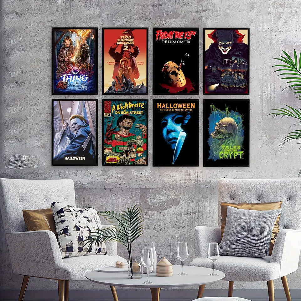 8pcs Unframed Halloween Vintage Horror Movie Posters Set, Classic Scary Movie Art Prints Horror Movie Character Wall Art Posters, For Home Living Room Bedroom Man Cave Theater Decor June Wall Art