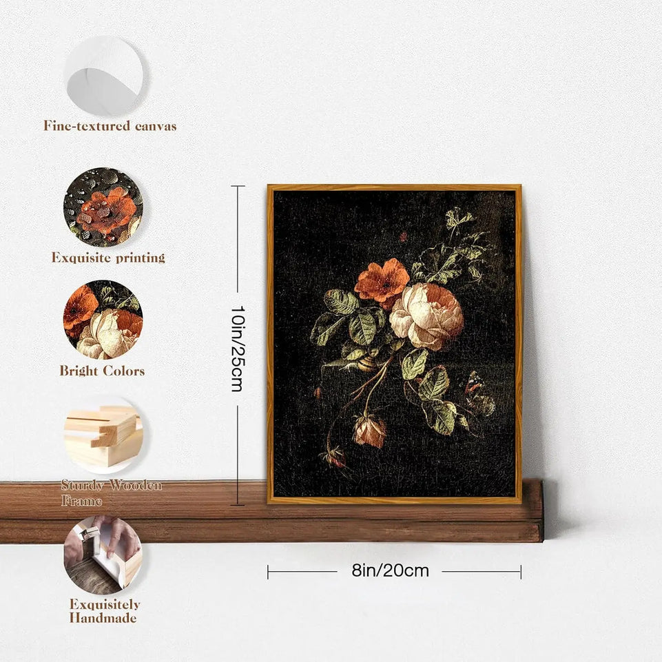 crmotu Floral Framed Wall Art, Flower Vintage Botanical Prints, Moody Rose Butterfly Canvas Pictures, Dark Academia Mid Century Modern Home Wall Decor for Bedroom Kitchen Office Desktop 8x10in https://www.amazon.com/dp/B0D5BBPJYZ