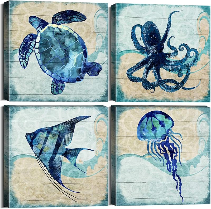 Bathroom Wall Art Beach Decor Ocean Sea Turtle Octopus Canvas Pictures Coastal Room Decor Teal Bathroom Accessories Vintage Whale Seahorse Poster Modern Nautical Painting Bedroom Home Decorations https://www.amazon.com/dp/B07HMJFDK3