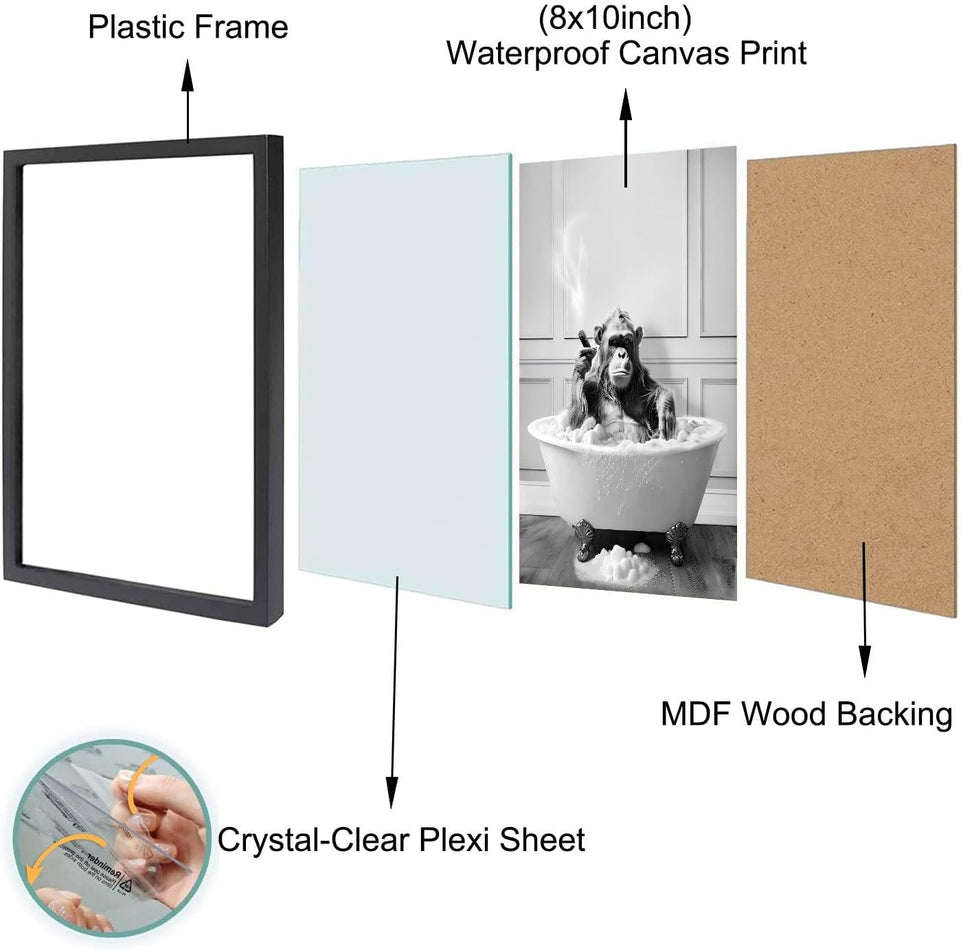 Framed Bathroom Decor Wall Art, Chimpanzee in Bathtub, Black and White Wall Art, Funny Bathroom Wall Decor Signs, Cute Animal Art for Bathroom (Framed,8''x10'')1 https://www.amazon.com/dp/B0CFVFYRPZ