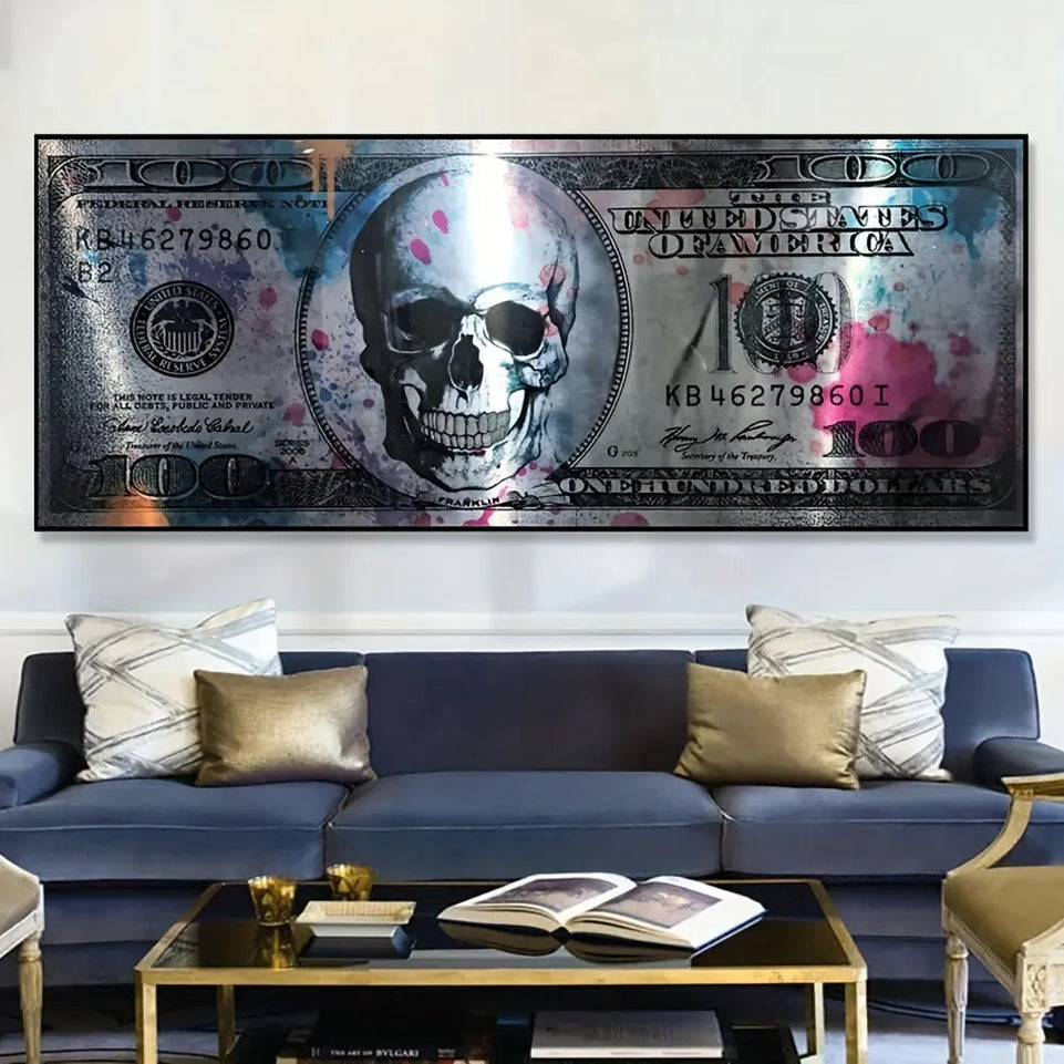 1pc Modern Art Canvas Poster, 50x120cm Unframed Skull and Money Bill Design, Creative 100 Dollar Wall Art Decor for Living Room, Indoor Horizontal Canvas Print June Wall Art
