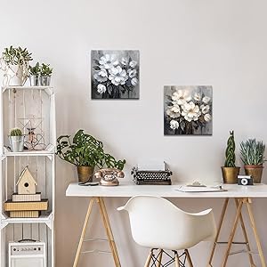 AnZhongArt Bathroom Wall Art,Flower Wall Art,Canvas Wall Art,Small wall Art Gray and White and Blue Flower Wall Art-Floral Canvas Wall Art, Bedroom Office Flower Wall Art Decoration,12x12 inches https://www.amazon.com/dp/B0CR7H4SQ4