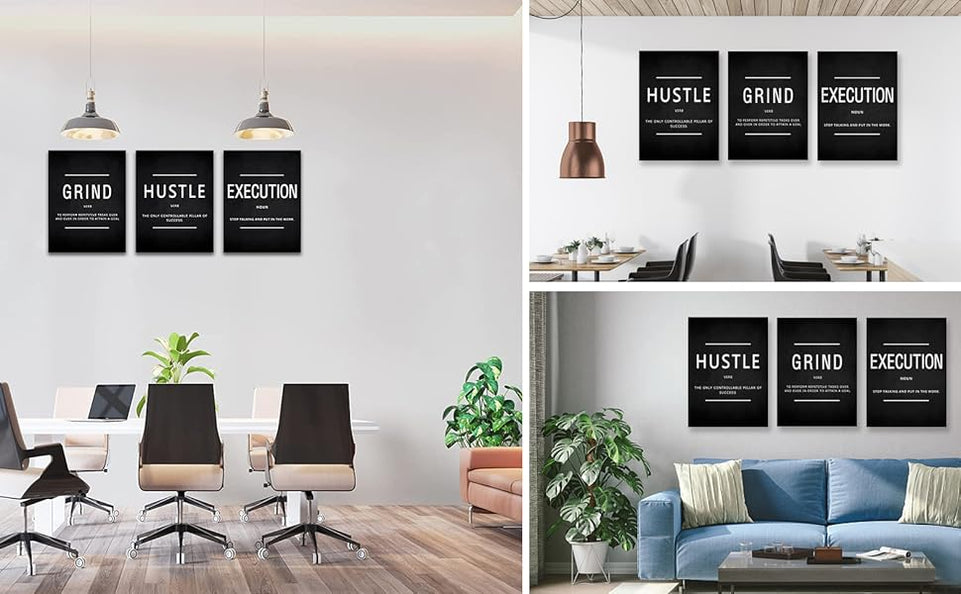 KAWAHONE Canvas Painting Wall Art, Grind Hustle Execution Motivational Wall Art Decoration Posters Prints for Living Room Bedroom, Office Decor, Gallery-Wrapped Canvas Art Set Framed Ready to Hang https://www.amazon.com/dp/B089XVKF61