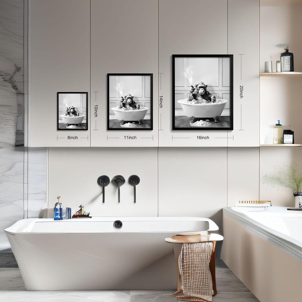 Framed Bathroom Decor Wall Art, Chimpanzee in Bathtub, Black and White Wall Art, Funny Bathroom Wall Decor Signs, Cute Animal Art for Bathroom (Framed,8''x10'')1 https://www.amazon.com/dp/B0CFVFYRPZ