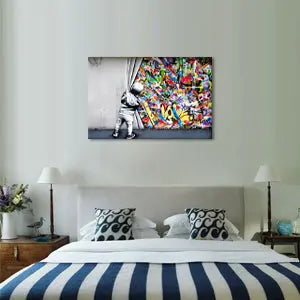 Yatsen Bridge Classic Street Art Banksy Graffiti Wall Art Behind The Curtain Posters Canvas Paintings Colorful Graffiti Pictures Prints Framed for Living Room Home Decor(36''W x 24''H) https://www.amazon.com/dp/B07ZVHB9FP