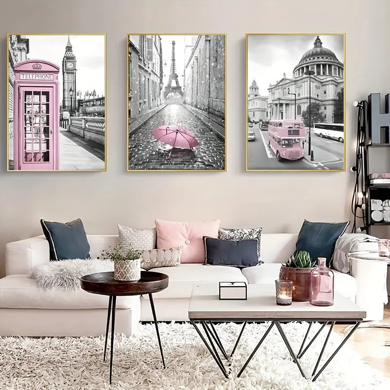 3pcs Canvas Poster, Modern Art, Eiffel Tower Girls Bedroom Decoration, Lightpink Paris Theme Room Decoration Wall Art, Ideal Gift For Bedroom Living Room Corridor, Wall Art, Wall Decor, Fall Decor, Wall Decor, Room Decoration June Wall Art