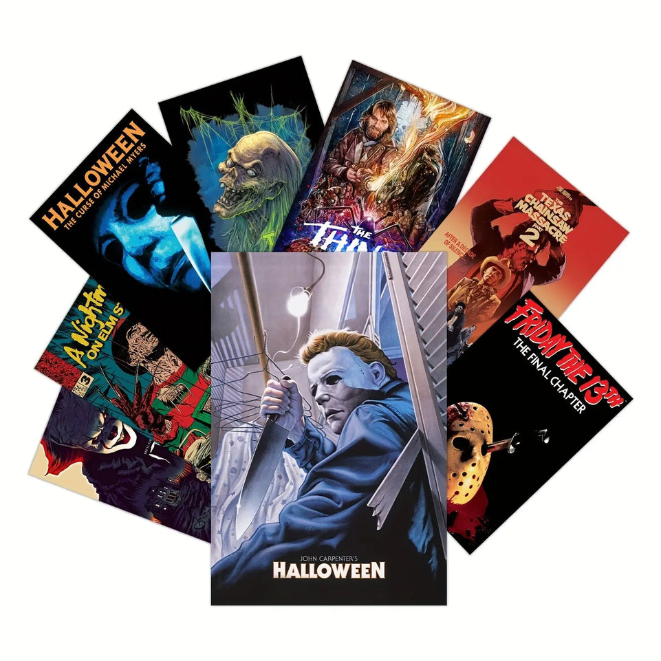 8pcs Unframed Halloween Vintage Horror Movie Posters Set, Classic Scary Movie Art Prints Horror Movie Character Wall Art Posters, For Home Living Room Bedroom Man Cave Theater Decor June Wall Art