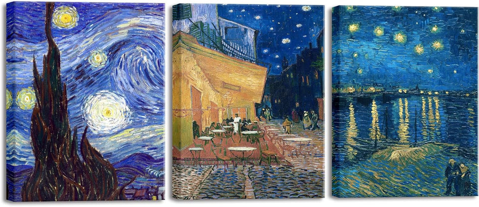 Wieco Art 3 Panels Canvas Prints of Vincent Van Gogh Paintings Reproduction Starry Night Over the Rhone Cafe Terrace at Night Canvas Wall Art for Living Room Home Office Decor https://www.amazon.com/dp/B0C33BG7JC