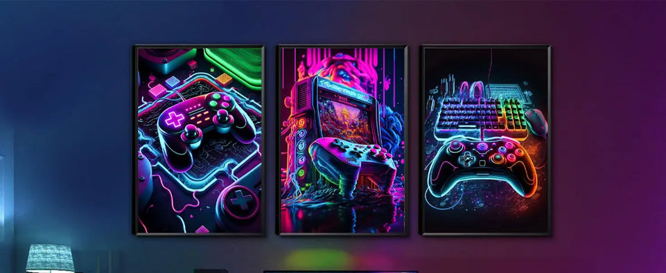 3pcs Game Room Decor Neon Gaming Posters Wall Art Gamer Accessories Theme Canvas Print Game Console Painting Picture for Children Youth Game Boys Bedroom Teen Wall Decor Unframed 12"x16"x3 https://www.amazon.com/dp/B0CPCHHKQD