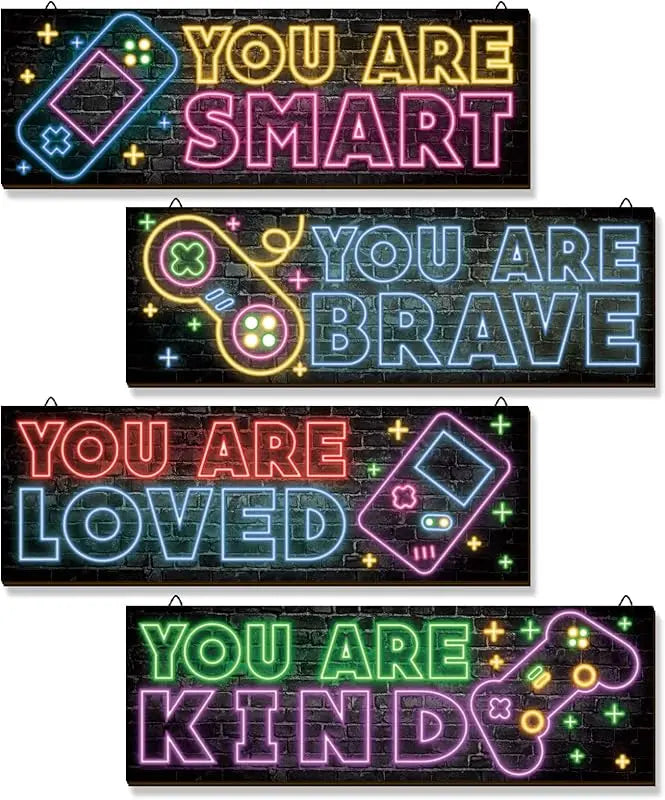 YLOLUL 4pcs Neon Game Art Prints, Wood Wall Art Decor for Boys Room, Gamer Decorations, Inspirational Quote Wall Decor, Modern Home Decor, 12 x 4 Inch, Red https://www.amazon.com/dp/B0BGXSKNG1