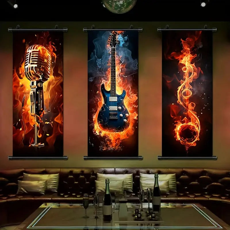 1pc Music Hanging Scrolls Painting, Flame Guitar Wall Art Poster, Artwork Wall Painting For Bathroom Bedroom Living Room Wall Decor, Home Decoration, Aesthetic Room Decor, 16inch * 39inch June Wall Art