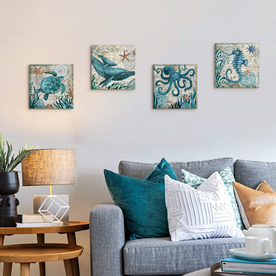 Bathroom Wall Art Beach Decor Ocean Sea Turtle Octopus Canvas Pictures Coastal Room Decor Teal Bathroom Accessories Vintage Whale Seahorse Poster Modern Nautical Painting Bedroom Home Decorations https://www.amazon.com/dp/B07HMJFDK3