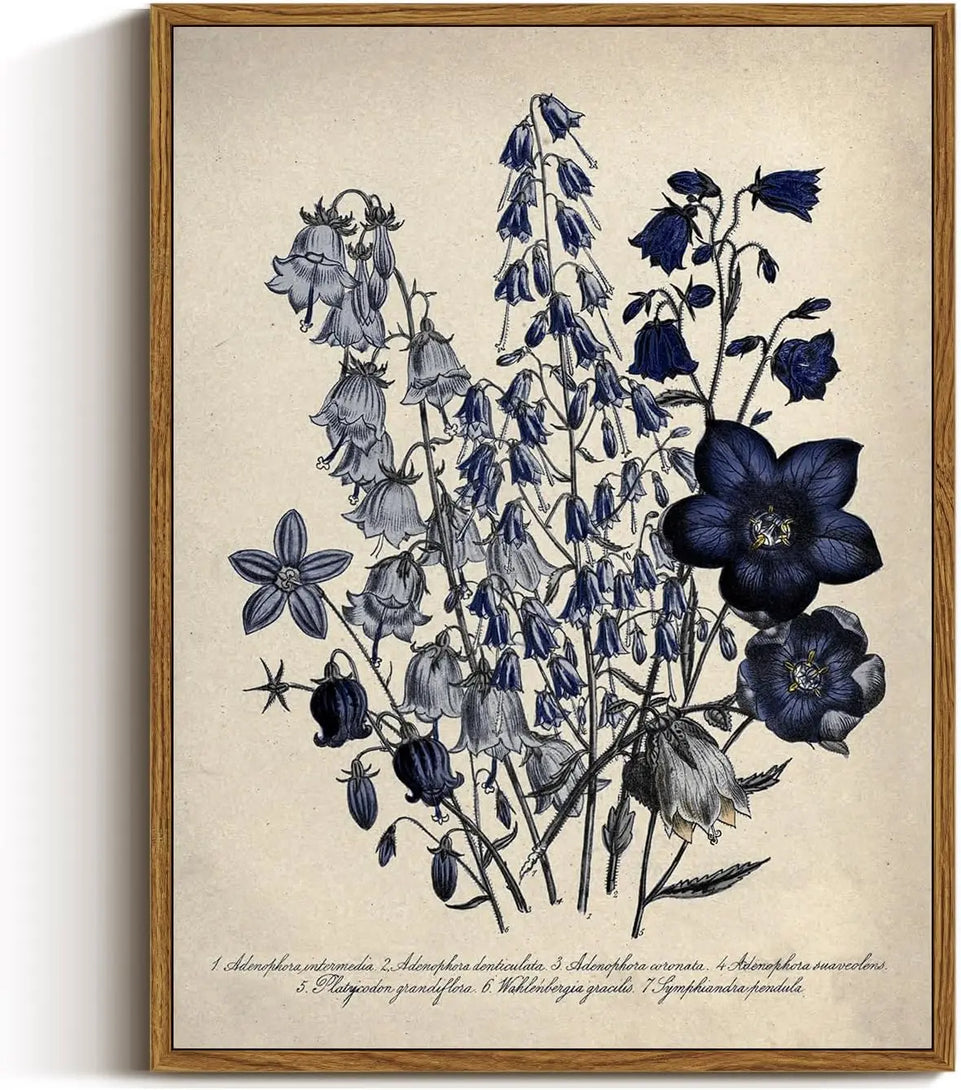 VIYYIEA Vintage Framed Botanical Wall Art Decor, Living Room Bedroom Blue Campanula Pictures Retro Wall Decor, Framed Canvas Prints Artwork, Farmhouse Flower Paintings,12x16 Inch https://www.amazon.com/dp/B0D1K1C7YB