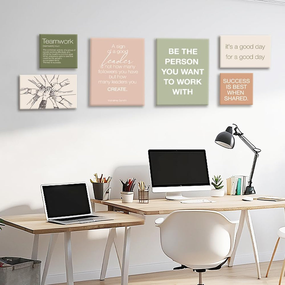 YEOION Office Inspirational Wall Art,Teamwork Canvas Wall Art for Office,Motivational Office Wall Decor,Positive Quotes Wall Decor for Office,Office Canvas Wall Art Set of 6 https://www.amazon.com/dp/B0D2CKC578