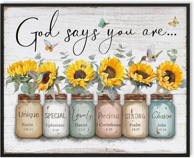 Inspirational Bible Verse Wall Art: God Says You Are Wall Sayings Flowers in Mason Jar Picture Print Christian Gift Quotes Poster for Women Girl Bedroom Decor 12" x 15" https://www.amazon.com/dp/B0C5R38HHX
