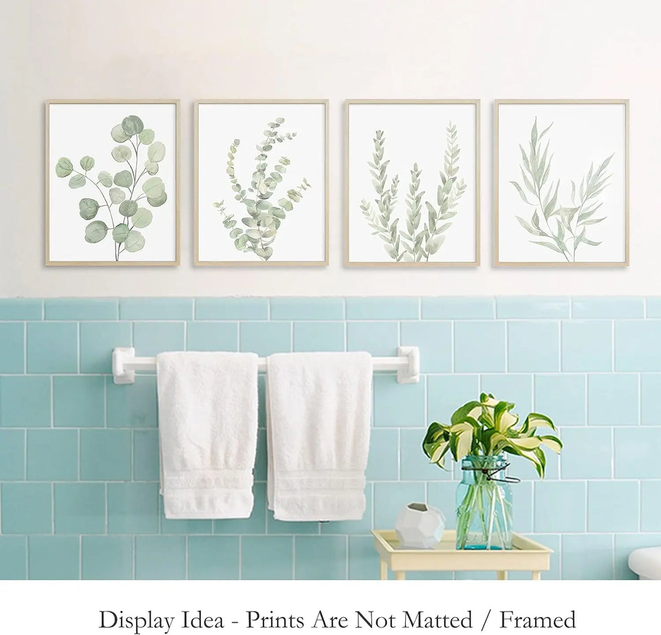 Botanical Boho Bathroom Decor Wall Art Prints, UNFRAMED Sage Green Plants Decor for Bedroom|Office, Minimalist Eucalyptus Leaves Watercolor Art Prints, Set of 4 Pictures, 8"x10" No Frames https://www.amazon.com/dp/B0923P4PCS