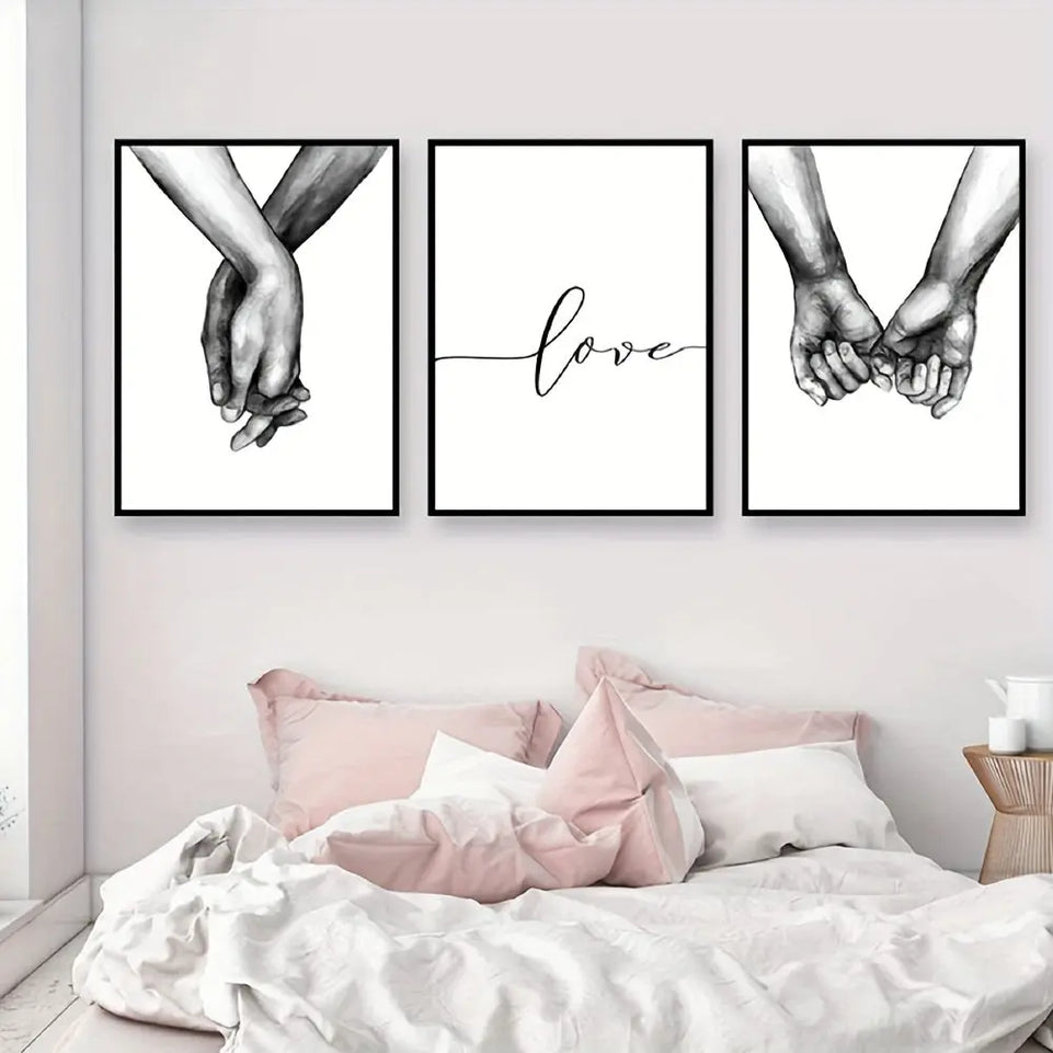 3pcs, Love And Hands Black And White Wall Decoration, Canvas Painting Wall Art, Room Decor, Home Decor, Holiday Decor, Bedroom Decor, Living Room Decor, Entrance Decor, Background Decor, Wall Decor (No Frame) June Wall Art