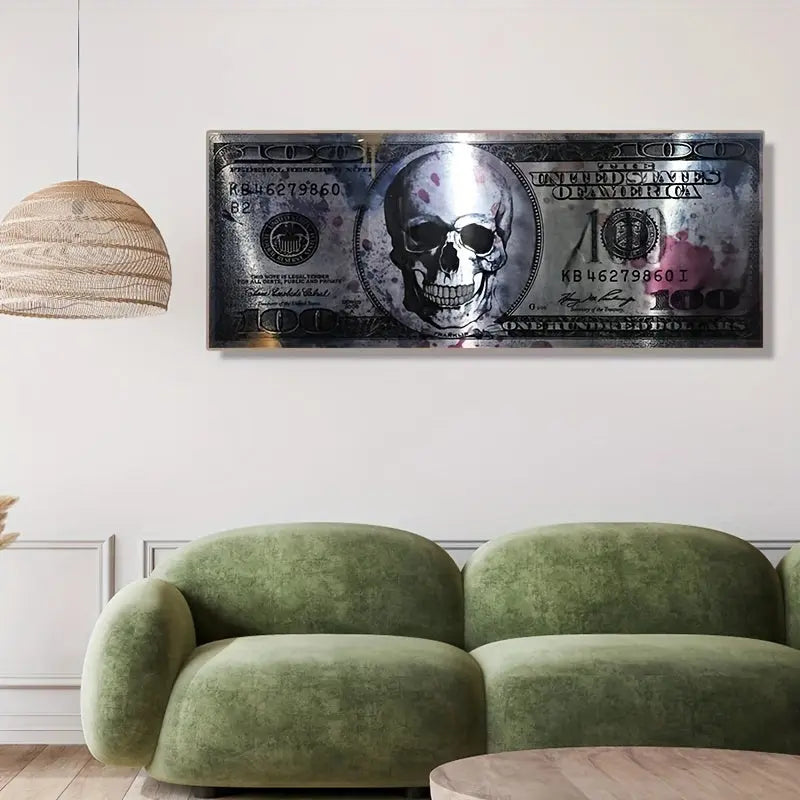 1pc Modern Art Canvas Poster, 50x120cm Unframed Skull and Money Bill Design, Creative 100 Dollar Wall Art Decor for Living Room, Indoor Horizontal Canvas Print June Wall Art