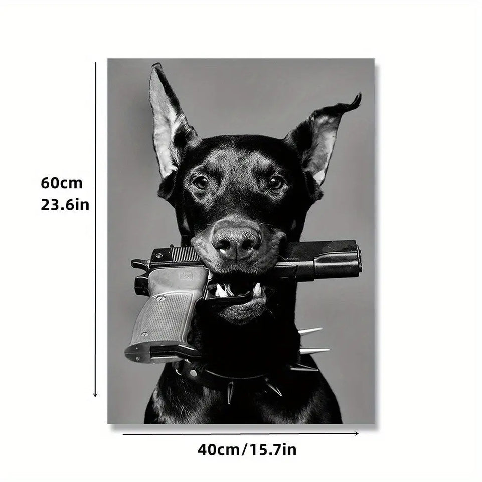 1pc Luxury Black and White Doberman and Gun Poster for Nordic Home Decor - Printed Canvas Wall Art Picture - 15.7x23.6in June Wall Art