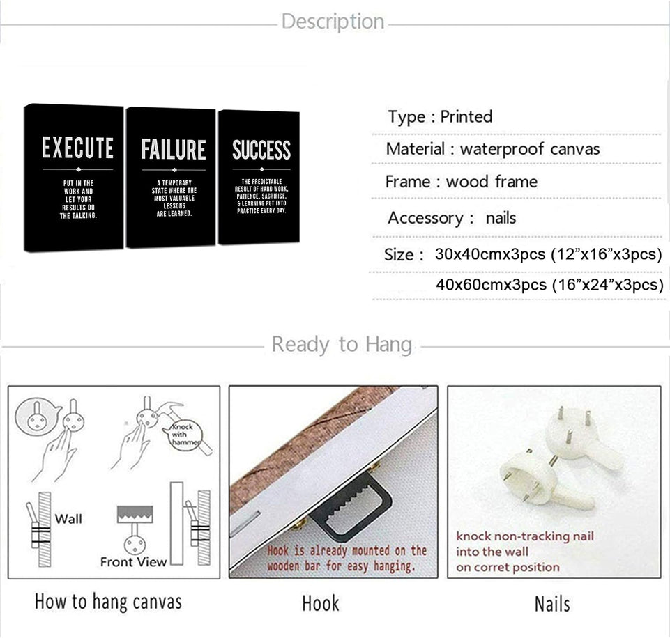 Framed Canvas Wall Art Success Quote For Office, Black Large Positive Motivational Poster, Set of 3, Execute Failure Definition, Inspirational Print (A-3pcs,12x16inchx3pcs) https://www.amazon.com/dp/B08CVF24C6