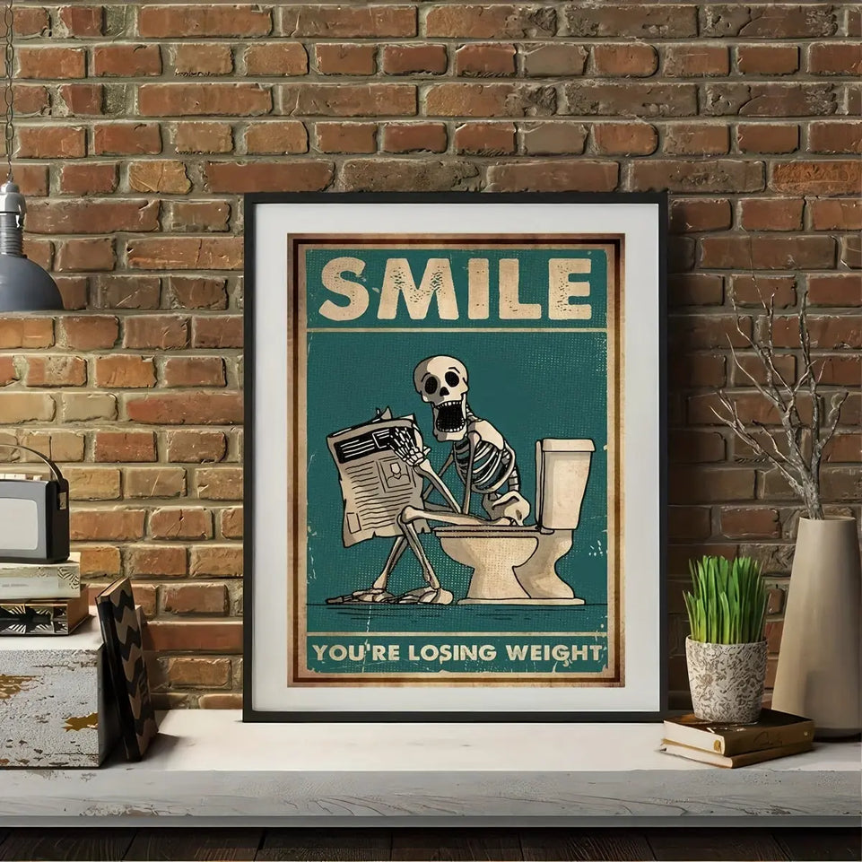 1pc Vintage Skeleton Reading Newspaper Canvas Poster - Humorous "Smile You're Losing Weight" Wall Art, Retro Teal Decor for Living Room, Unframed, Indoor Decor|Vintage Poster|Printed Wall Art, Vintage Wall Art June Wall Art