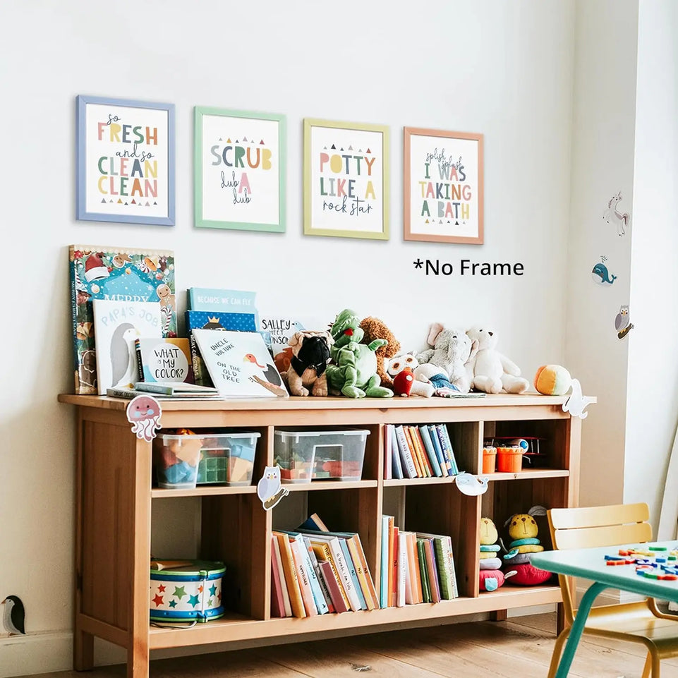 So Fresh and Clean Colorful Bathroom Art Poster Prints for Home Kid Washroom Restroom Nursery Toilet Laundry Decor,Funny Bathroom Rules Word Art Decorations Prints Wall Art Unframed 4pcs 8x10inches https://www.amazon.com/dp/B0BY6BBXTF