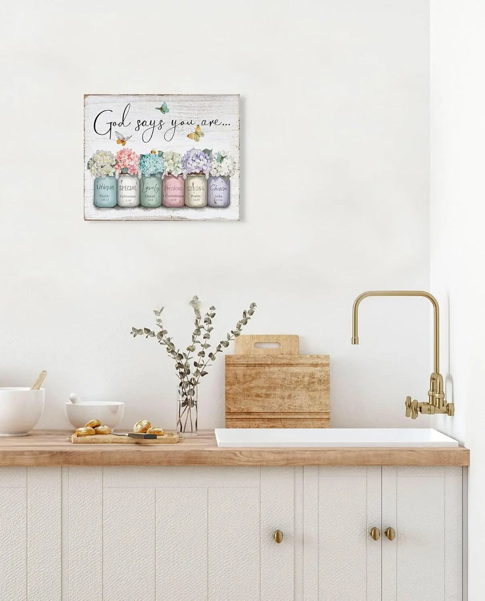 Inspirational Bible Verse Wall Art: God Says You Are Wall Sayings Flowers in Mason Jar Picture Print Christian Gift Quotes Poster for Women Girl Bedroom Decor 12" x 15" https://www.amazon.com/dp/B0C5R38HHX