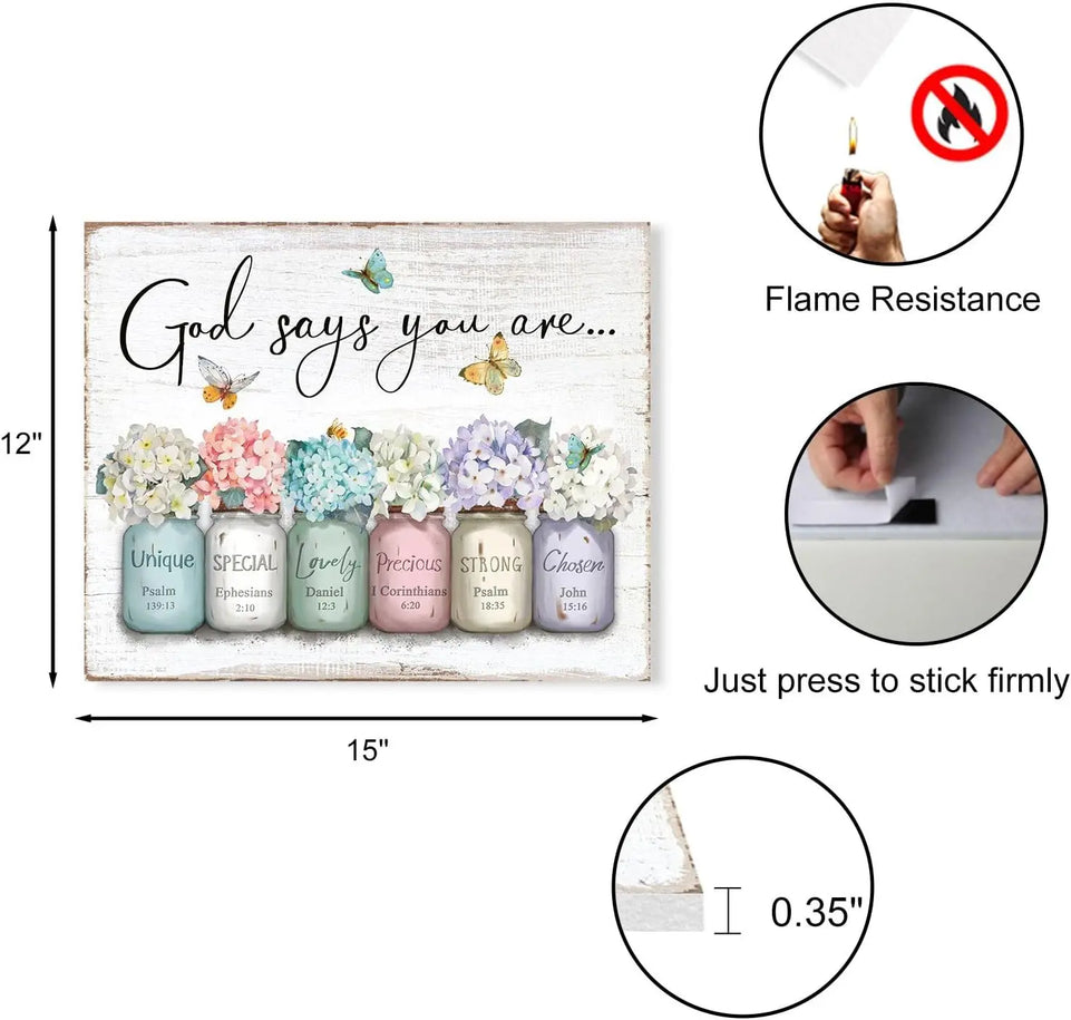 Inspirational Bible Verse Wall Art: God Says You Are Wall Sayings Flowers in Mason Jar Picture Print Christian Gift Quotes Poster for Women Girl Bedroom Decor 12" x 15" https://www.amazon.com/dp/B0C5R38HHX