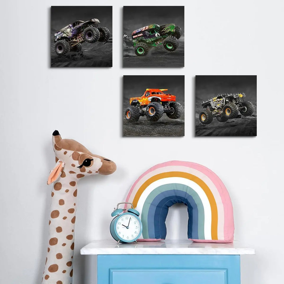 4PC Car Room Decor Truck Canvas Wall Art Framed Boys Room Decor Watercolor Cartoon Car Color Racing Vehicle Painting Garage Wall Decor Modern Canvas Prints for Playroom Farmhouse Men Living Room Home https://www.amazon.com/dp/B0C7KR9V76