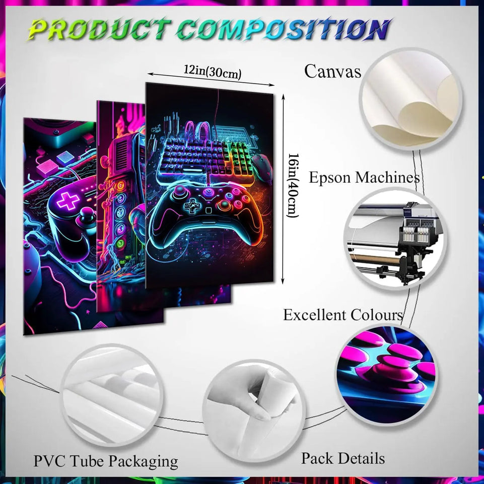 3pcs Game Room Decor Neon Gaming Posters Wall Art Gamer Accessories Theme Canvas Print Game Console Painting Picture for Children Youth Game Boys Bedroom Teen Wall Decor Unframed 12"x16"x3 https://www.amazon.com/dp/B0CPCHHKQD