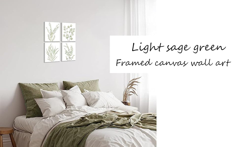 Erctoo Botanical Plant Canvas Wall Art, Framed Boho Wall Decor for Bathroom, Minimalist Aesthetic Bedroom Wall Art, Sage Green Eucalyptus Leaf Prints for Office, Set of 4PCS, 8”X10” https://www.amazon.com/dp/B0CFG2YPPX