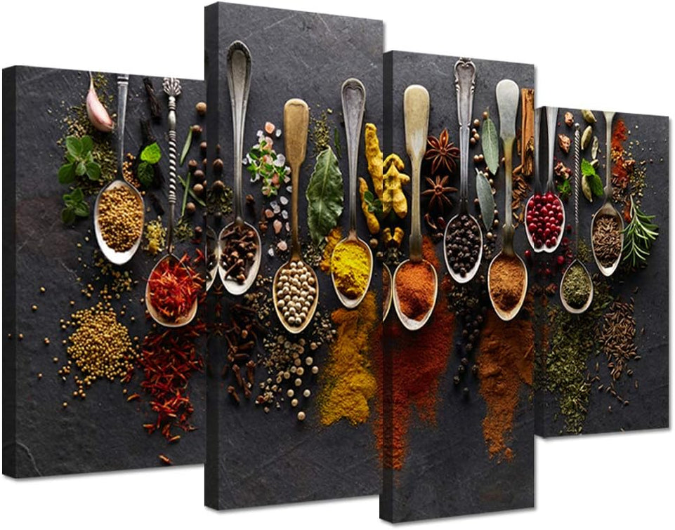 iHAPPYWALL Kitchen Pictures Wall Decor 4 Pieces Couful Spice in Spoon Vintage Canvas Wall Art Food Photos Painting On Canvas Stretched Framed Home Decoration Gift Ready to Hang https://www.amazon.com/dp/B07J9ZB4JD