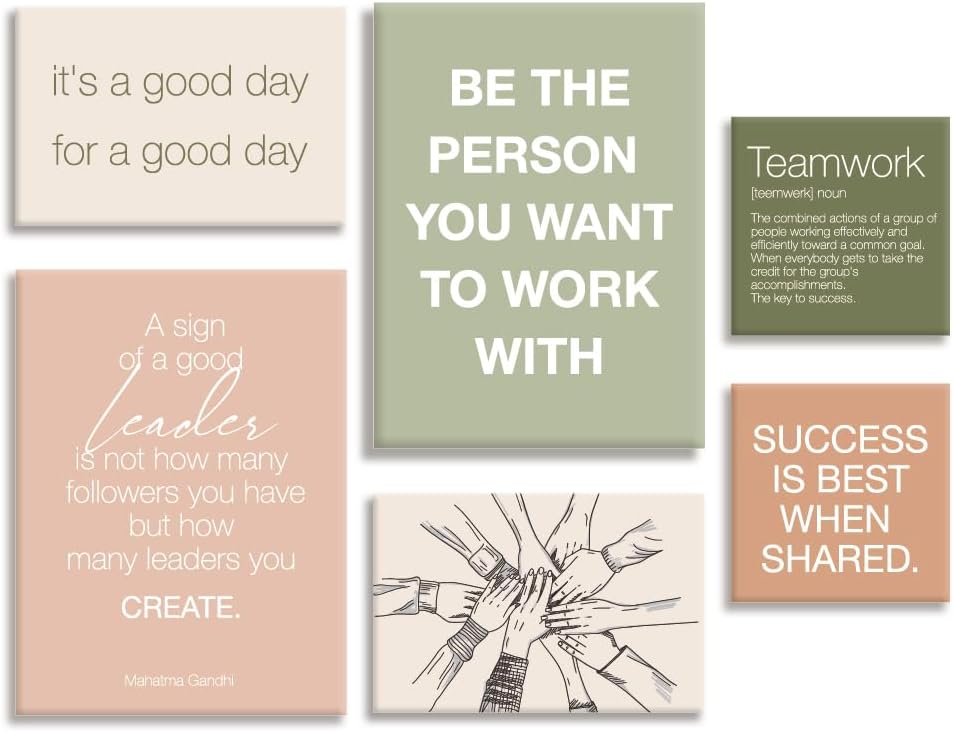 YEOION Office Inspirational Wall Art,Teamwork Canvas Wall Art for Office,Motivational Office Wall Decor,Positive Quotes Wall Decor for Office,Office Canvas Wall Art Set of 6 https://www.amazon.com/dp/B0D2CKC578